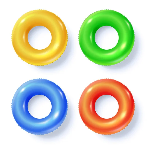 Conjunto de anillos de natación aislados en blanco, vista superior. Círculos inflables de colores para nadar, cama plana. Iconos vectoriales, plantilla para su diseño de verano, portada, carteles — Vector de stock