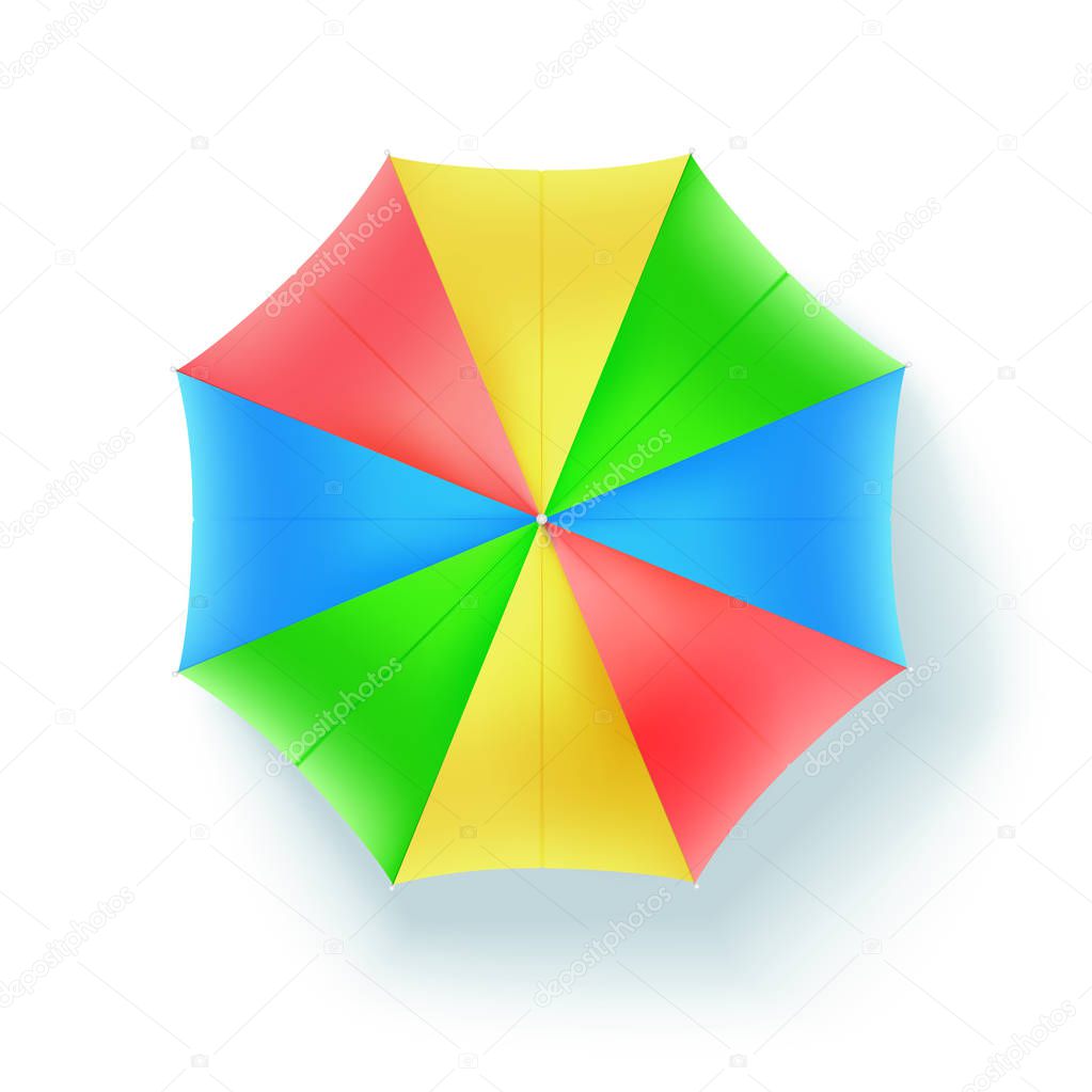 Multicolor beach umbrella, top view. Icon of open parasol isolated on white background. Vector concept 3D illustration, object of summer holidays on sunny beach, flat lay