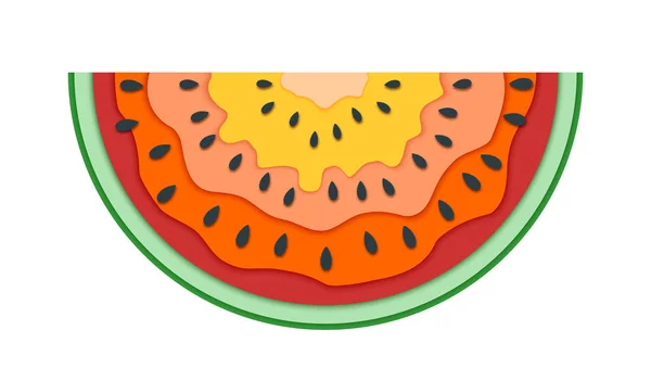 Halbe Scheibe Wassermelone. Vektor flache Ikone von Sommerfrüchten geschnitten aus Papier isoliert auf weiß. Papierschnitt-Stil. — Stockvektor