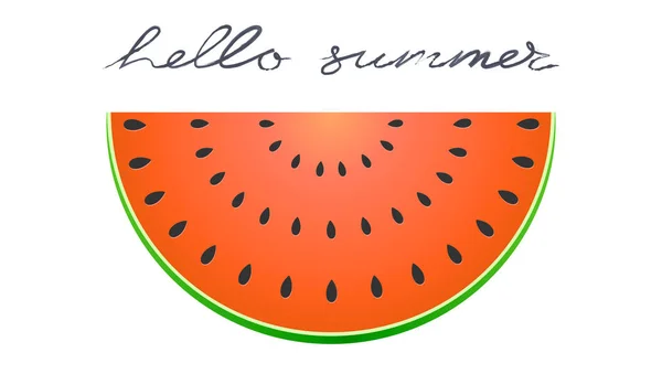 Media rebanada de sandía. Icono plano de fruta de verano aislado en blanco. Hellow verano, texto de escritura a mano, diseño de letras . — Vector de stock