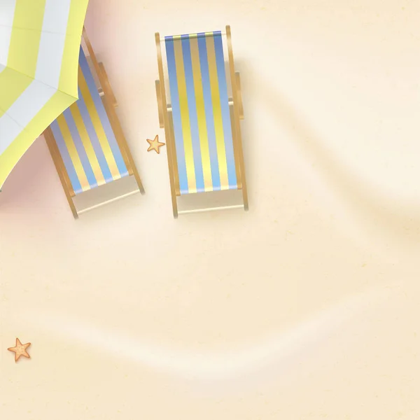 Ligstoelen onder de zon parasol op het strand. Zomer zandstrand met parasol, Ligstoel, zeesterren. Bovenaanzicht van de 3d vectorillustratie van zomervakantie op zonnig strand, plat leggen. — Stockvector