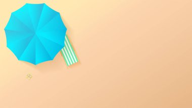 Yaz plaj kağıt el sanatları tarzı, düz minimalist görünümü yatıyordu. Üstten görünüm güneş şemsiyesi, şezlong, sandal ile sahil üzerinde. Katmanlar kesilmiş kağıt plaj. Arka plan şablonu için kapak, poster