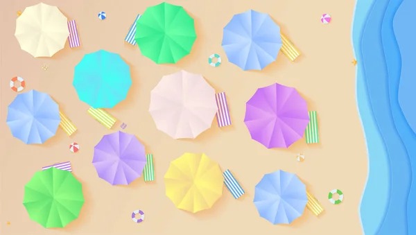 Top view on summer filled beach in paper craft style. Aerial view on seashore with sun umbrellas, deck chairs, balls, swimming ring, surfboard, sandals, starfish. Horizontal background — Stock Vector