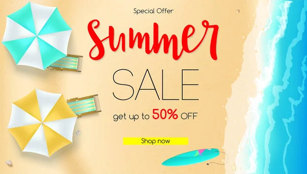 Sales action, summer offer. Get up to fifty percent discount. Seashore, sandy beach with deckchairs, sun umbrellas and design of text. Reduced prices on coastline backdrop, template for poster, banner — Stock Vector