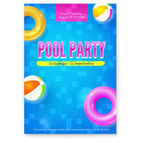 Convite na festa de verão na piscina. Cartaz com design de texto. Vista superior na piscina com bolas e círculos infláveis de água azul. Modelo de vetor para folhetos. Modelo para folhetos, banners — Vetor de Stock