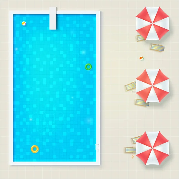 Εξωτερική πισίνα με φουσκωτά παιχνίδια νερό, ομπρέλες και ξαπλώστρες, επίπεδη θέση. Αερόστρωμα, παραλία μπάλα καουτσούκ κύκλο. Γαλανά νερά και καταδύσεις σκάφους στην πισίνα, κάτοψη. — Διανυσματικό Αρχείο