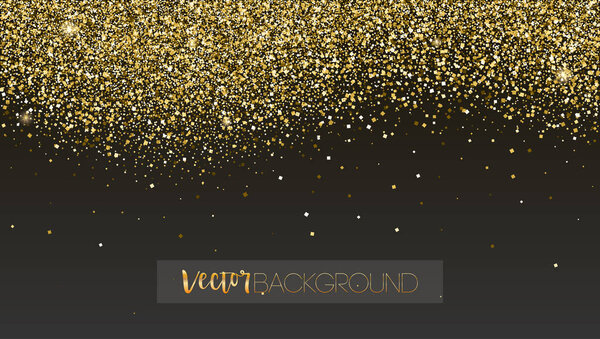 Golden glitter texture. Sparkling snow dust falling down. Template for New year and Christmas cards. Shining vector background for cover, luxury invitation, birthday or holiday cards, certificate