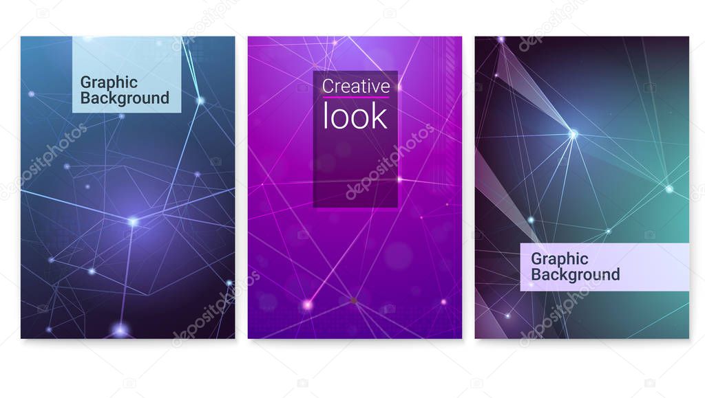 Set of vector posters. Technological and communication links, dIgital cyber pattern. Geometrical grid with points connected by lines. Symbols of the Internet, network, business communications