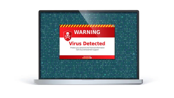 Laptop-Bildschirm mit Warnmeldung des Virus erkannt. Warnmeldung auf dem Computerbildschirm isoliert auf weißem Hintergrund. Computervirus innerhalb der Binärcode-Auflistung. Vorlage für Sicherheitskonzept — Stockvektor