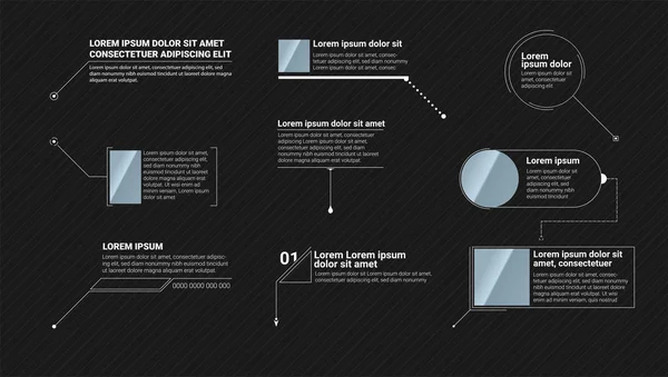 Llamadas títulos aislados en negro. Conjunto de patrón de tecnología para banners modernos de tercio inferior para presentación. Diseño vectorial de la barra de títulos para infografías, publicidad, producción de video — Archivo Imágenes Vectoriales