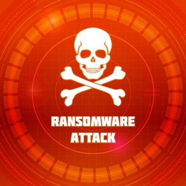Ransomware virüs, Malware attack arması. Kafatası ve çapraz kemikler Hud siber kırmızı zemin üzerine. Uyarı siber suçlar, arabirim siber güvenlik kavramı bir deseni. 3D illüstrasyon vektör