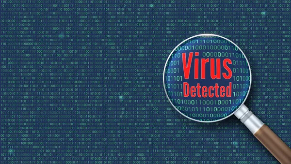 Virus detected. Scanning and identifying a computer virus inside binary code listing. Magnifying glass increases the area of the code with computer virus — Stock Vector