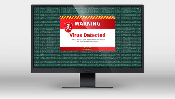 Monitor de ordenador con mensaje de alerta de virus detectado. Escanear e identificar virus informáticos dentro de la lista de códigos binarios. Área del código con virus informáticos. Mensaje de advertencia en la pantalla del ordenador — Vector de stock