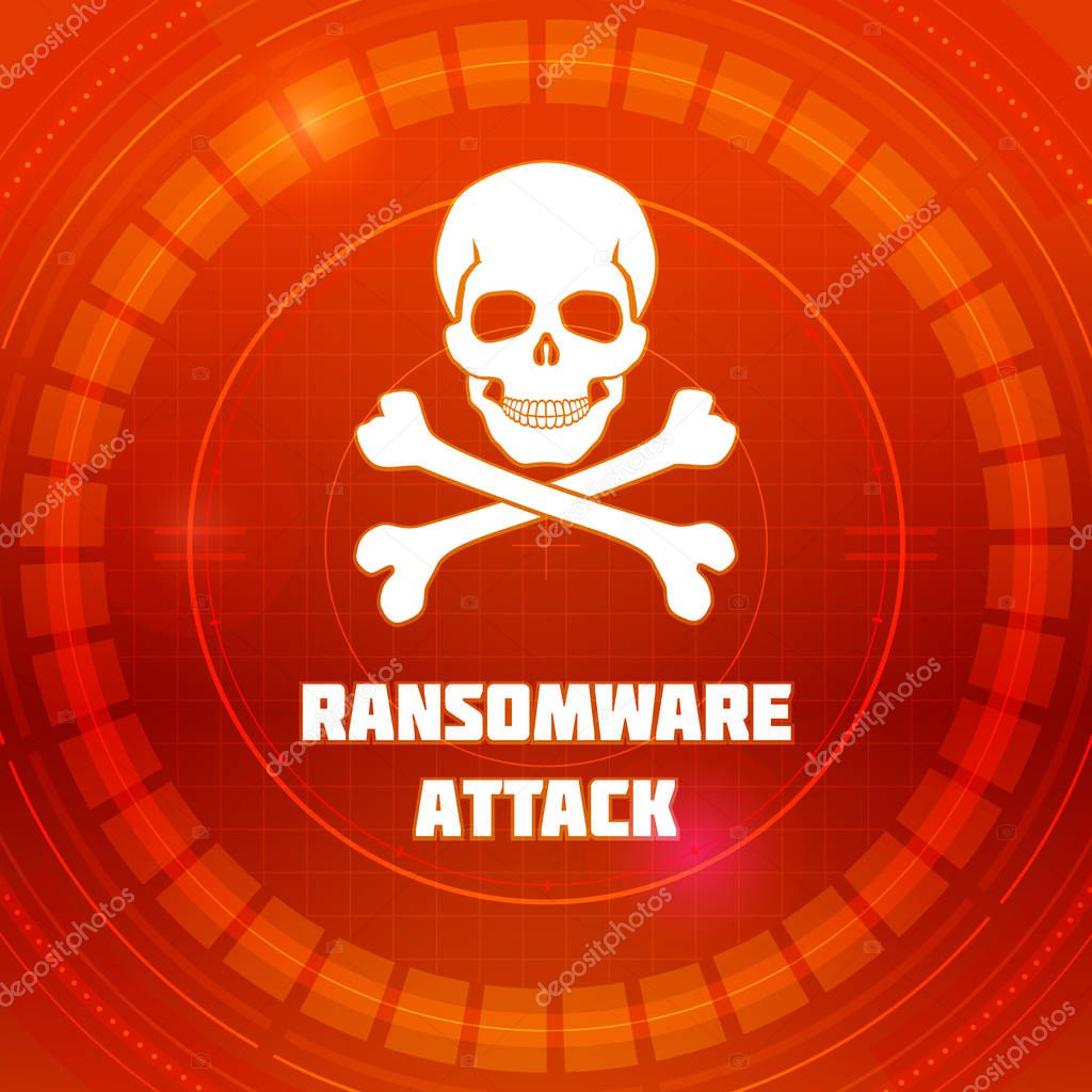 Ransomware virus, emblem of Malware attack. Skull and crossed bones on red background of HUD cyberspace. Pattern of warning of cybercrime, concept of interface cyber security. Vector 3D illustration.