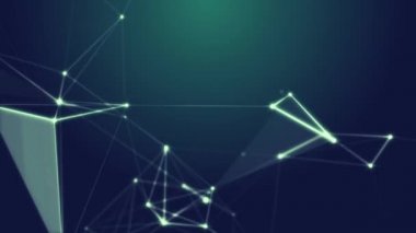 Arka plan dijital aksaklık etkisi ile. Alan etkili derinliği. Pleksus soyut üçgenler, çizgiler ve video hasar etkisi ile parlak nokta. CG animasyonu. Geometrik uzay arka plan.