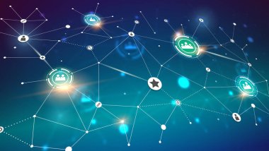 Sosyal medya ağı, perspektif görünüm. Sosyal ağ iletişim teknolojisinde kavramı. Etkileşimli etkileşim için iletişim sembollerin genel kavram. 3D vektör çizim.