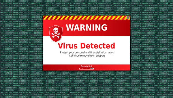 Virus gedetecteerd, waarschuwingsbericht. Scannen en het identificeren van computervirus binnen binaire code aanbieding. Waarschuwingsbericht weergegeven boven het gebied van de code met computervirus — Stockvector