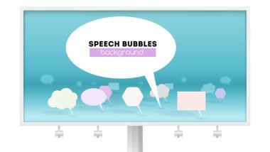 Lider halkın önünde. Billboard üzerinde beyaz izole. Tartışılması, soyut konuşma kabarcıklar, 3B vektör çizim sembolü. İletişim ve sosyal ağ mühendislik kavramı.