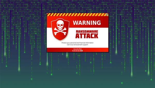 Alert message of virus detected. Ransomware attack, identifying computer virus inside binary code of matrix. Template for concept of security, programming and hacking, decryption and encryption — Stock Vector