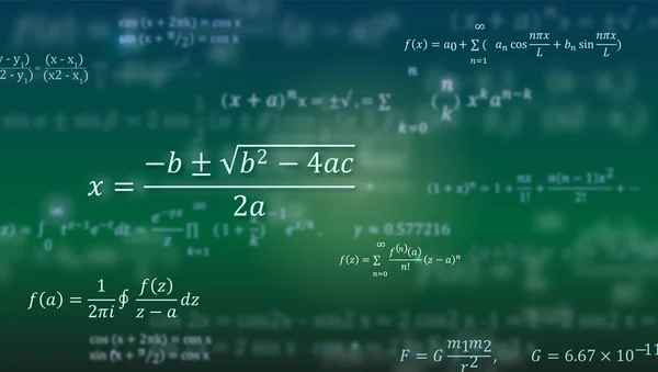 Formules mathématiques. Fond vert abstrait avec équations mathématiques flottant sur le tableau noir. Modèle pour couverture, présentation, dépliants. Illustration vectorielle 3D — Image vectorielle