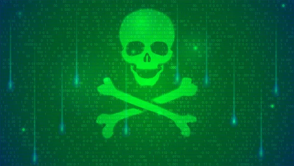 Konzept des Computer-Hacking. Binärcode, fließende Ziffern und Totenkopf mit Knochen auf digitalem Hintergrund. Konzept der Cyber-Sicherheit, Schutz vor Hacking. Vektorillustration — Stockvektor