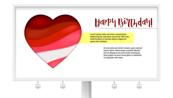 Rött hjärta från papper med utskuren lager. Skylt med hälsningar för födelsedag. Modern abstrakt bakgrund med utformningen av texten Happy Birthday. Konsten att snida från papper. — Stock vektor