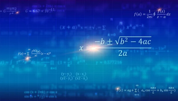 Mathematische Formeln. abstrakter blauer Hintergrund mit mathematischen Gleichungen, die auf der Schultafel schweben. Vektor 3D Illustration. Symbol für Algebra, Arithmetik, Physik und exakte Naturwissenschaften. — Stockvektor