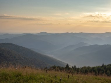 Akşam gökyüzü karanlık dağ aralıkları yukarıda. Yaz, Batı Ukrayna, Karpatlar dağlar. Doğa arka plan. Karanlık zirveleri ile akşam sis kaplı. Yamaçlar yoğun orman ile. Arka plan bulanık.