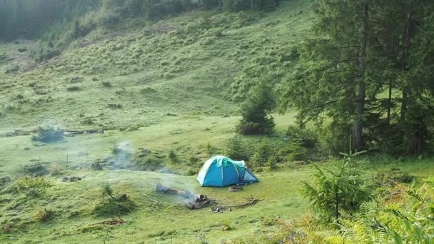 Touristic tent in Carpathians mountains at summer. Very long shot. Ukrainian nature landscape. Hillside covered with green grass, pines and firs. Fire smoking near blue tent. Blurred background. — Stock Video