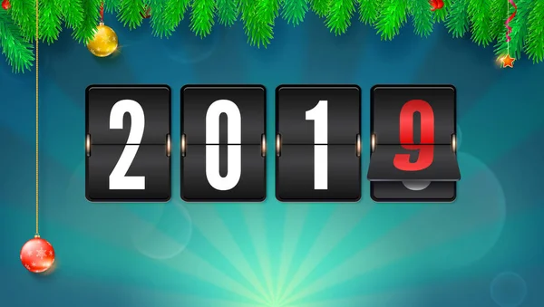 New year background with fir-tree branches and Christmas balls. Flip countdown timer with changing numbers of year. Happy new year. Vector template with Countdown timer to holiday events.