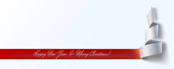 新年快乐, 手刻字文字的问候。剪纸圣诞树。贺卡上有手写题词新年快乐的红丝带。为甲方提供的封面、传单、海报的矢量模板 — 图库矢量图片