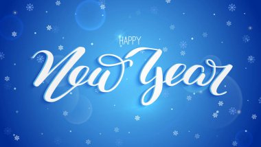 Yeni Yılınız Kutlu Olsun. Hacimsel el yazı metin tasarımı. Festival vektör çizim düşen kar taneleri ile mavi kış arka plan üzerinde. Tatil kartı kaligrafi metinle Vintage kavramı