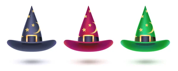 Conjunto de sombrero de bruja con patrón de estrellas doradas. Elementos de diseño aislados en blanco para eventos de Halloween, ilustración 3D. Vector halloween símbolo para cubiertas, folletos, pancartas . — Vector de stock