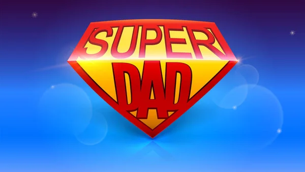 Super papa logo als superheld. Stijlvol glanzend tekst Super Dad op blauwe achtergrond. Gelukkig vader s dag viering concept. Sjabloon voor wenskaarten met gloed en bokeh effect. — Stockvector