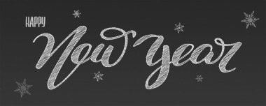 Yeni Yılınız Kutlu Olsun. Tatil harfler, el yazısı tebeşir okul yazı tahtası üzerinde yazıt. Kar tanesi karalamak, stil doodle. Tasarım planında, vintage tarzı ile selamlar. Vektör çizim, eps10