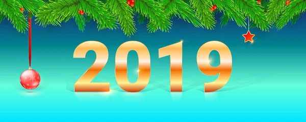 Gelukkig Nieuwjaar 2019. Wenskaart met gouden nummers 2019 op achtergrond van takken van de kerstboom en Kerstmis speelgoed. Vector sjabloon van posters voor vakantie partij, dekking, bijsluiter — Stockvector