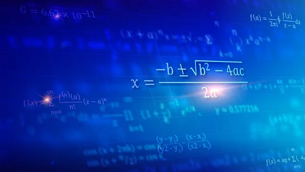 Mathematische Formeln, die in der Perspektive schweben. abstrakter blauer Hintergrund mit mathematischen Gleichungen auf der Tafel. Vektor 3D Illustration. Symbol des Studiums exakte Wissenschaften — Stockvektor