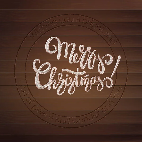 Merry Christmas. Stamp with calligraphic text on wooden texture. Design of handwritten text. Vintage greetings card on wooden planks. Resizable vector illustration, eps10. View on top — Stock Vector