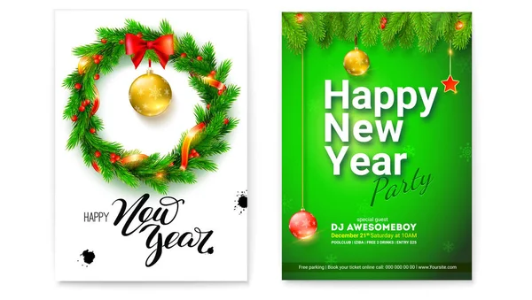 Set of different posters for Happy New Year events. Creative holidays cards with handwriting text. Covers with design of text, fir branches. Christmas toys, wreath of fir branches and red bow ribbon. — Stock Vector