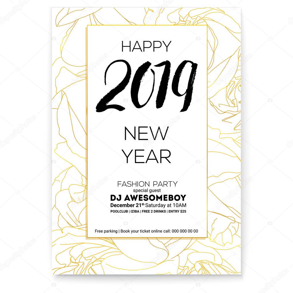 Happy New year greetings with floral background. Fashion party poster Background with outlines of roses bud. Design of hand-drawn calligraphic text and sketches roses in doodle style.