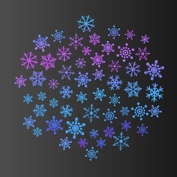 Schwarzer Winter Neujahr Hintergrund mit farbigen Schneeflocken. Abstraktes Muster. Vorlage für Weihnachtsfeiertage. Vektorillustration, Eps10 — Stockvektor