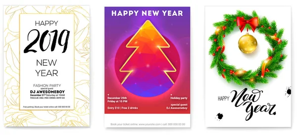 Set of holiday posters for Happy New Year events. Greetings poster with golden, Christmas toys, wreath of fir branches, calligraphic text and Christmas tree. Vector illustration for holidays, eps 10 — Stock Vector