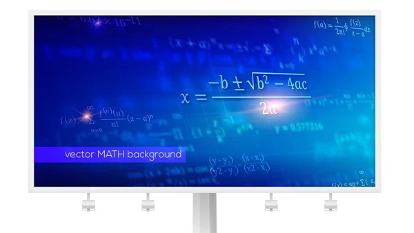 Plakatwand mit mathematischen Formeln in der Perspektive. abstrakter blauer Hintergrund mit mathematischen Gleichungen, die im Raum schweben. Vektor 3D Illustration. Symbol des Studiums exakte Wissenschaften. — Stockvektor