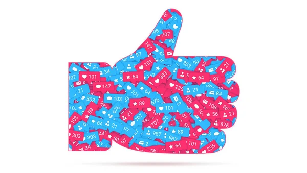 Hand thumbs up. Icon of likes filled of different symbols of social media network activity. Notification of likes, comments, follow. Social network activity with counters. Vector 3D illustration — Stock Vector