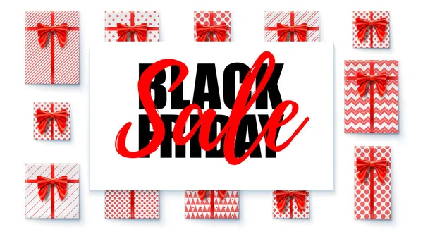 Black Friday verkoop. Verkoop banner met ontwerp kalligrafische letters tekst. Geschenkdozen, rood lint en boog. Huidige vak verpakt in gekleurd papier met patronen. 3d illustratie vector — Stockvector