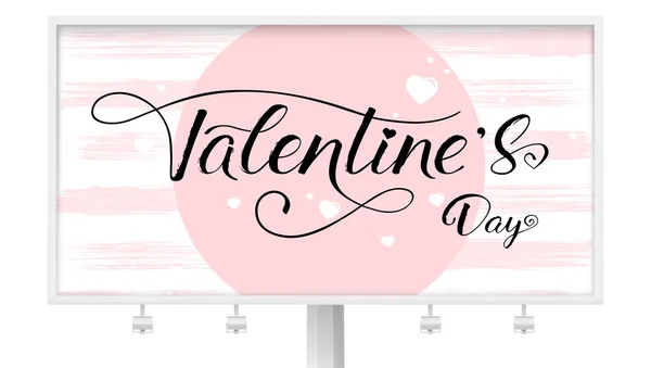 Billboard for St. Valentines day with calligraphy and flying hearts. Card for holiday with handwritten text lettering and brush strokes in pink color. Vector 3d illustration. — Stock Vector