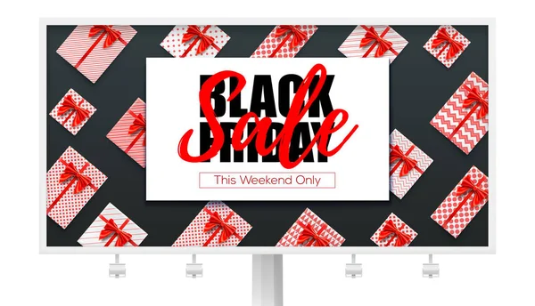 Billboard com anúncios de venda Black Friday para varejo, compras, promoção de Natal. Caixas de presente, fita vermelha e arco em preto. Caixas de presente embrulhado em papel com padrões Vector ilustração 3d . —  Vetores de Stock