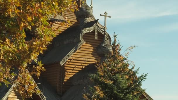 Dřevěný klášter za podzimního listí, Ukrajina. Střední zásah. Podzim na pozadí. Dom s kříže a ozdobné řezby ze dřeva. Jedle plné hnědé šišky. Rozmazané pozadí. Selektivní rozostřený. — Stock video