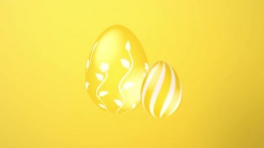Mutlu Paskalyalar. Festival Cg bilgisayar animasyon ile dekore edilmiş Paskalya yumurtaları. El ile sarı yumurta etnik desenler çizmiş. Video için Intro, selamlar. Mutlu Paskalya arka plan tatil başlık ile