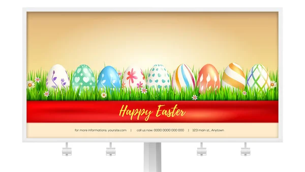 Konsep desain billboard dengan telur Paskah untuk Happy Easter. Banner dengan tulisan tangan teks dibungkus pita merah. Templat poster untuk musim semi dengan tunas bunga di rumput hijau . - Stok Vektor